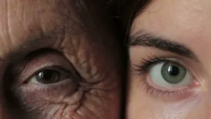 Close-up of an elderly woman's eyes, showcasing the importance of understanding age-related vision changes, with expert care at pushpanjali eye care in kolkata.